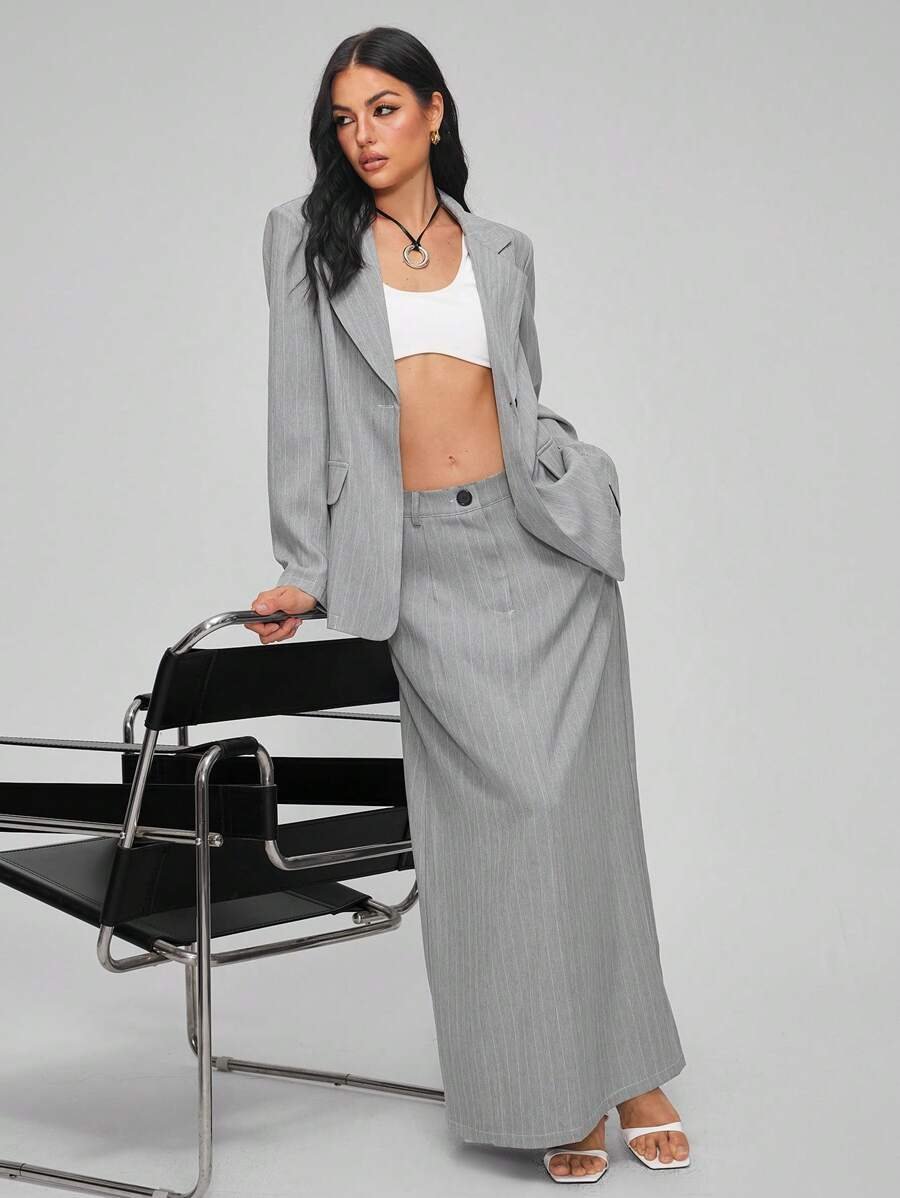 Grey pinstripe blazer and long skirt by Cotiful