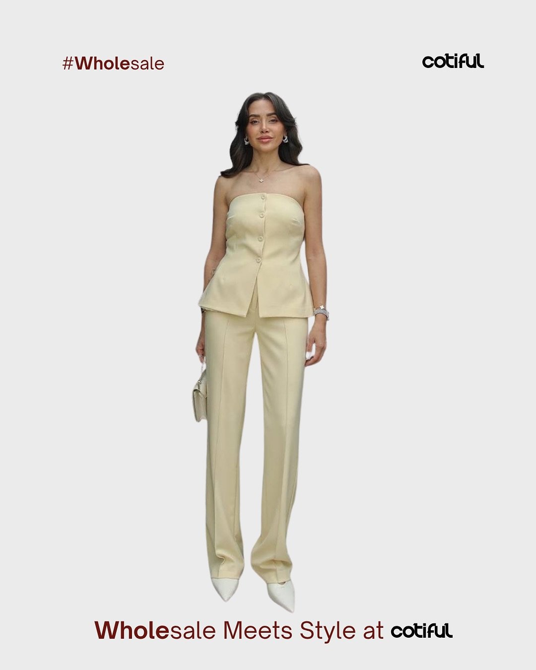 Cream strapless button-front top with matching trousers, Cotiful